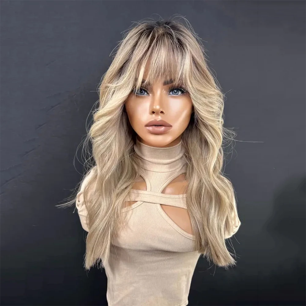 

Blonde Balayage Highlights Waves Lace Front Wig with Bangs Dark Roots Full Natural Virgin Human Hair HD Lace Luxury Wig 13x6