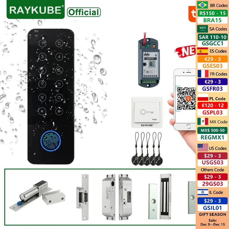 RAYKUBE IP66 Waterproof Access Control System Kit Fingerprint lock Wifi Tuya App Control Smart Door Lock Electric Magnetic Locks