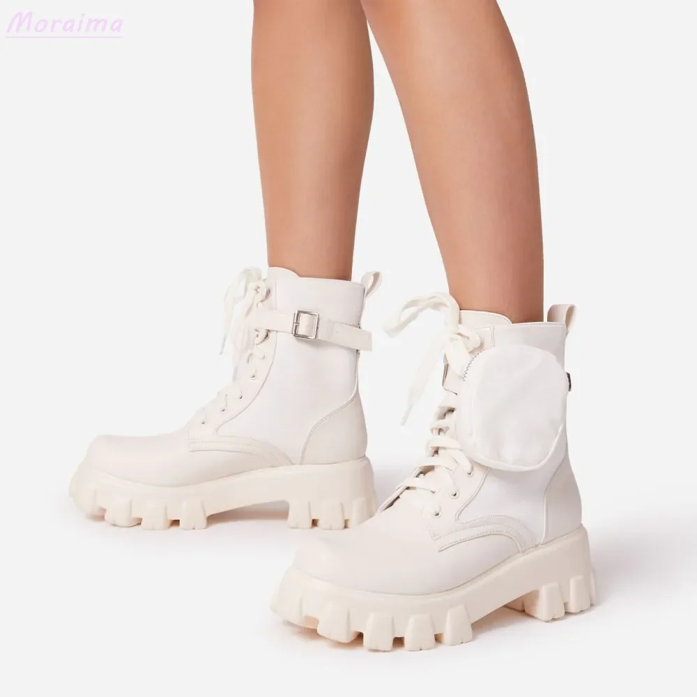 

Fashion Pocket Belt Buckle Modern Boots Ankle Lace Up Chunky Sole Round Toe White Solid Modern Women Shoes Casual New Arrivals