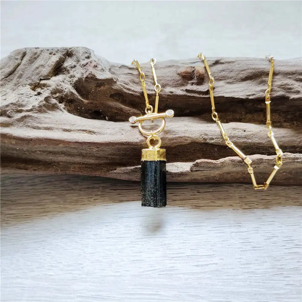 FUWO Wholesale Natural Green Black Tourmaline Necklace,Golden Plated Healing Crystal With 17/18 Inches OT Stick Chain 5Pcs NC410