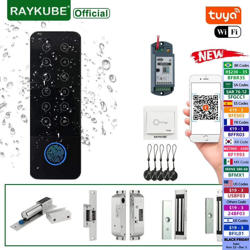 RAYKUBE IP66 Waterproof Access Control System Kit Fingerprint lock Wifi Tuya App Control Smart Door Lock Electric Magnetic Locks