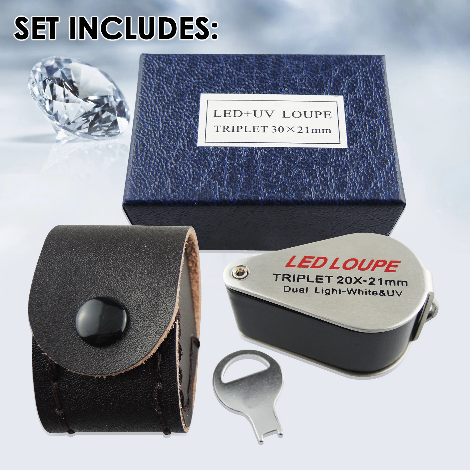 Professional 20X LED & UV Triplet Loupe 21mm Achromatic Lens for Gemology & Jewelry 6 LED Light Pocket-size Loupe