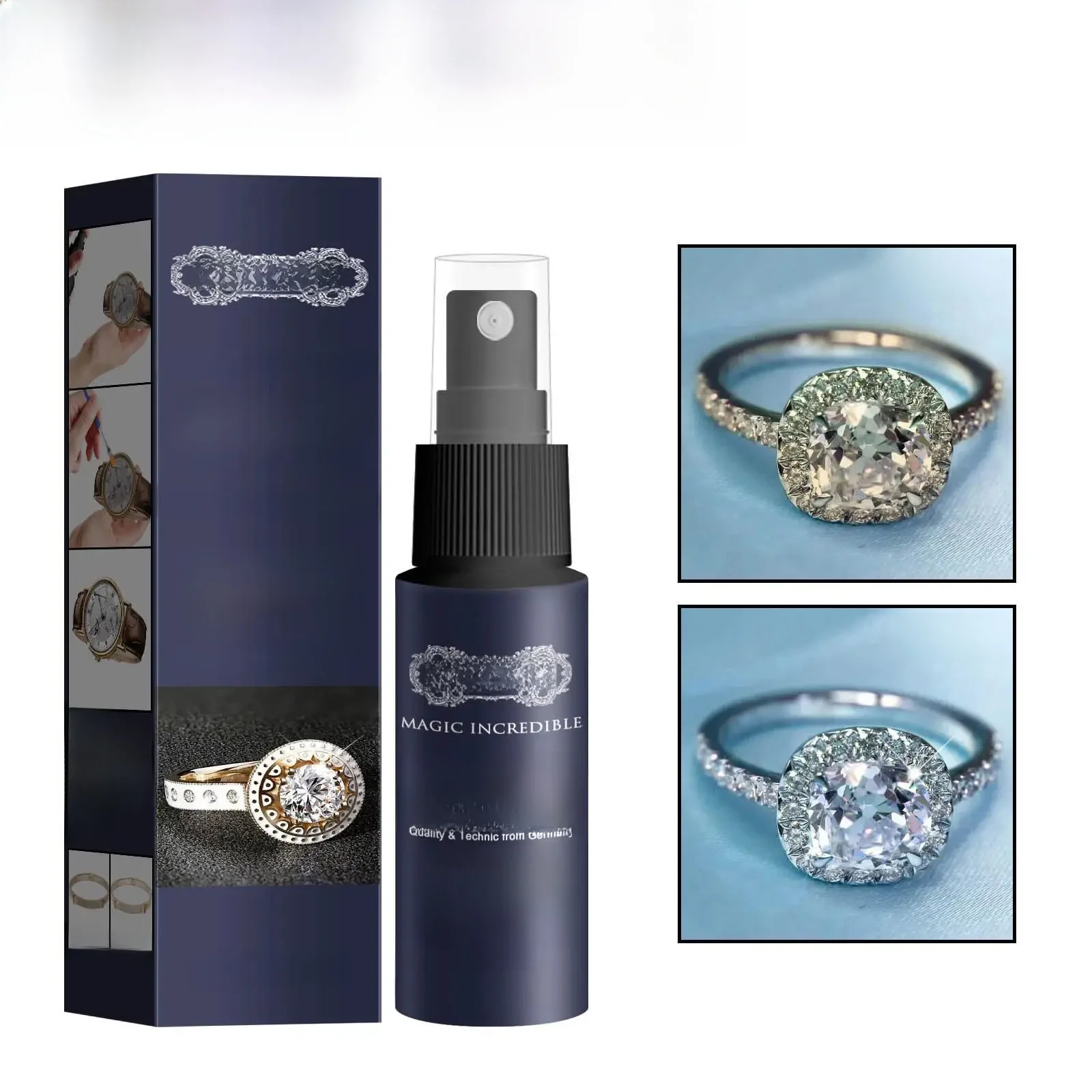 Nettoyant pour bijoux, Solution de nettoyage, dissolvant de ternissement, diamants lisses sans taches, Kits de pulvérisation de polissage liquide propre pour bijoux en or