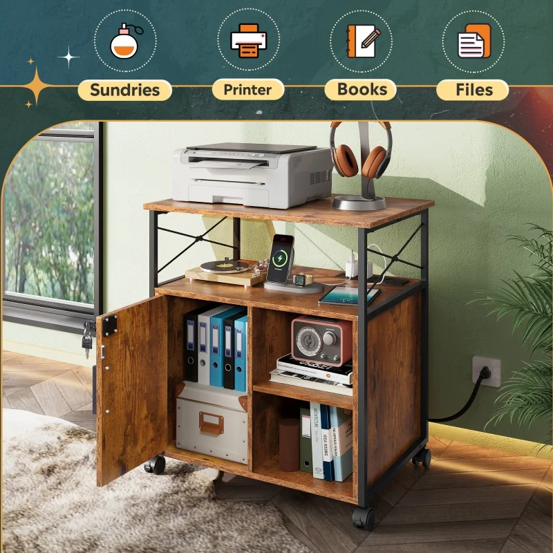 GALAXHERO File Cabinet Charging Station Lockable Lateral Filing Cabinet Office Printer Cabinet A4 Letter File Folders Rustic