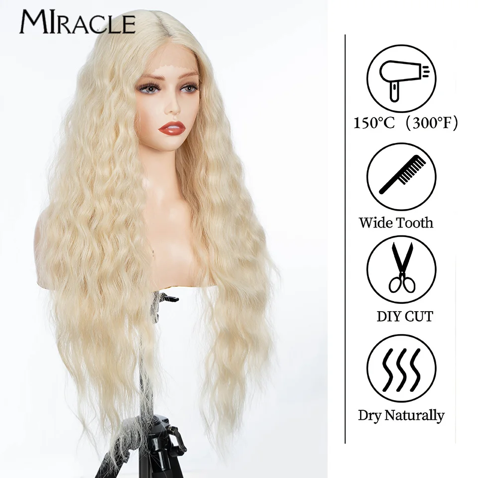 MIRACLE Curly Wig Blonde lace Wig for Women Synthetic Lace Front Wigs 30Inch Water Wave Ombre Blonde Cosplay Wig Fiber Fake Hair