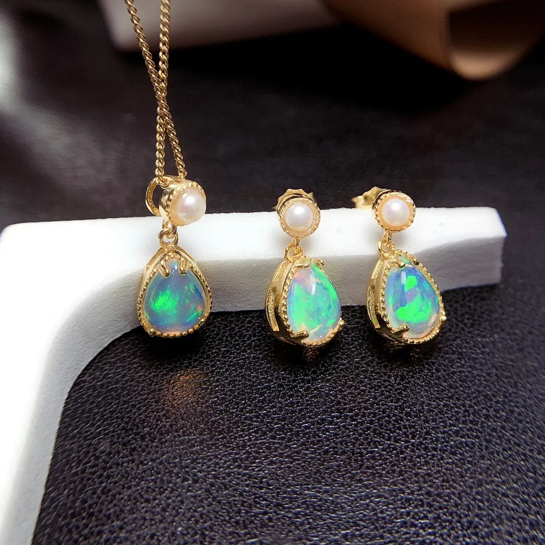 KJJEAXCMY Girls' Jewelry 6x8mm Natural White Opal Necklace Pendant Earnail Set 925 Pure Silver Electroplating 18K Gold Clearance