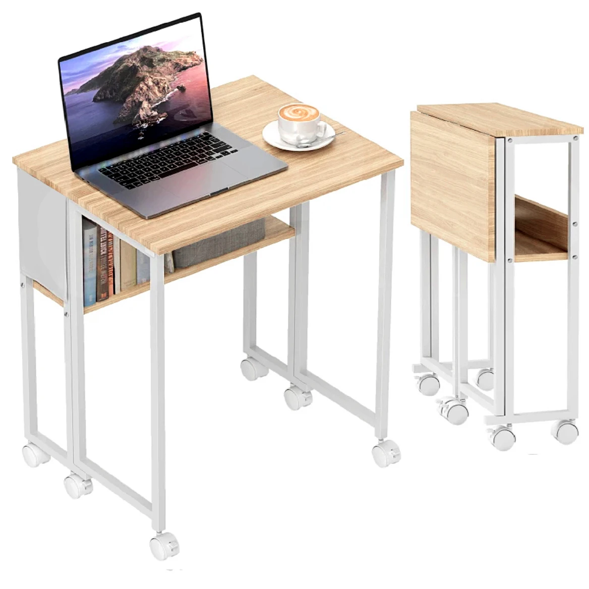 Mesa Plegable Compacta con Ruedas, una Pequeña Estación de Trabajo para Computadora con Almacenamiento, Fácil de Montar, Madera, Estilo Industrial
