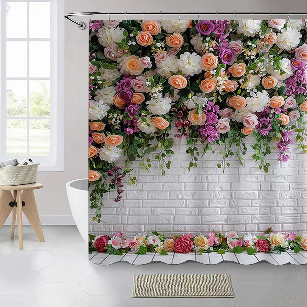 1 pc colored rose patterned polyester material shower curtain waterproof fabric, thickened anti mold partition curtain, bath