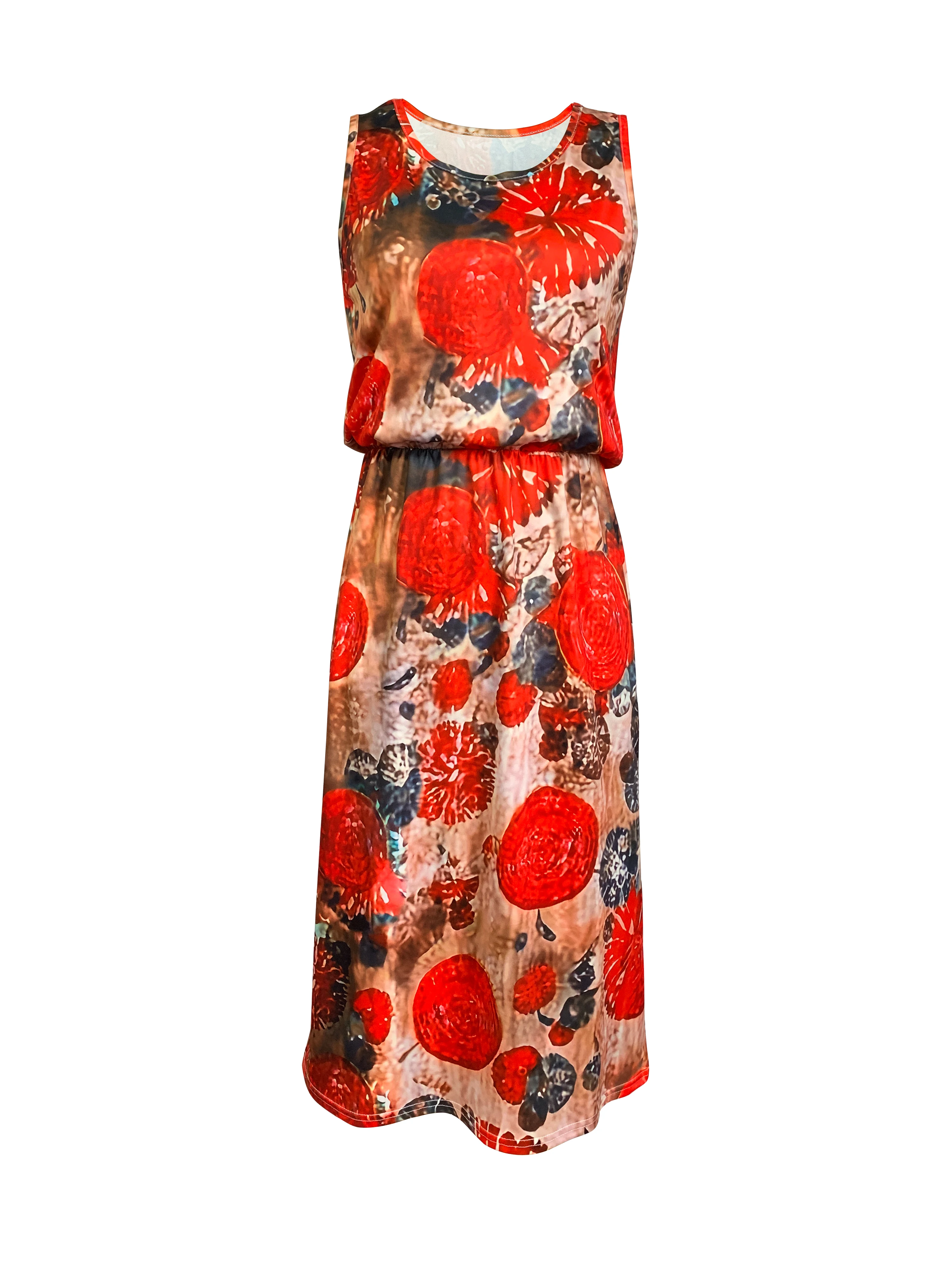Vestido midi sin mangas con estampado floral para mujer, estampado de flores rojas atrevidas, traje informal de verano y fiesta