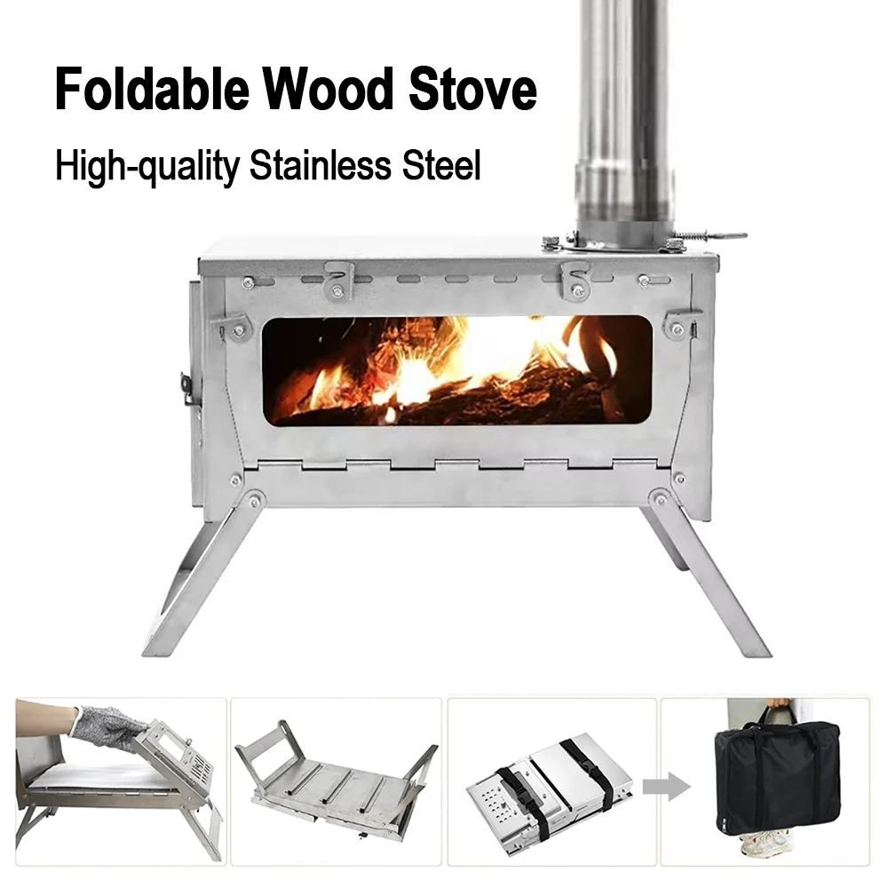 Foldable 430 Stainless Steel Wood Stove Portable Camping Tent Heater with Carry Bag for Outdoor Cooking Heating