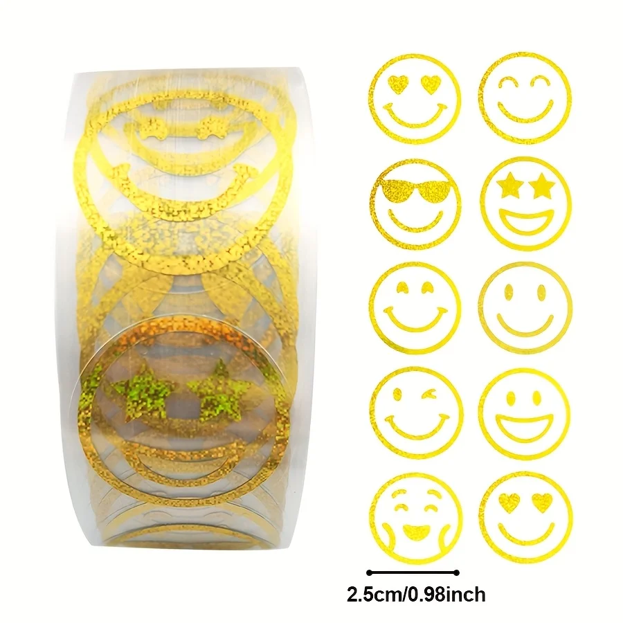 Gold Foil Smile Stickers Roll 500 Pcs, 10 Designs 1 Inch Round Glossy Adhesive Labels for Scrapbooks, Journals, Envelopes