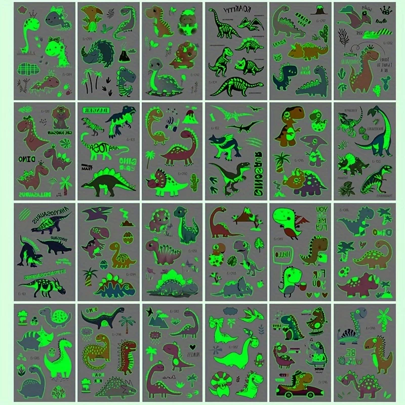 12 Sheets Luminous Dinosaur Temporary Tattoos For Boys Cute Cartoon Dino Tattoo Stickers Glowing Body Art Waterproof Fake Tattoo