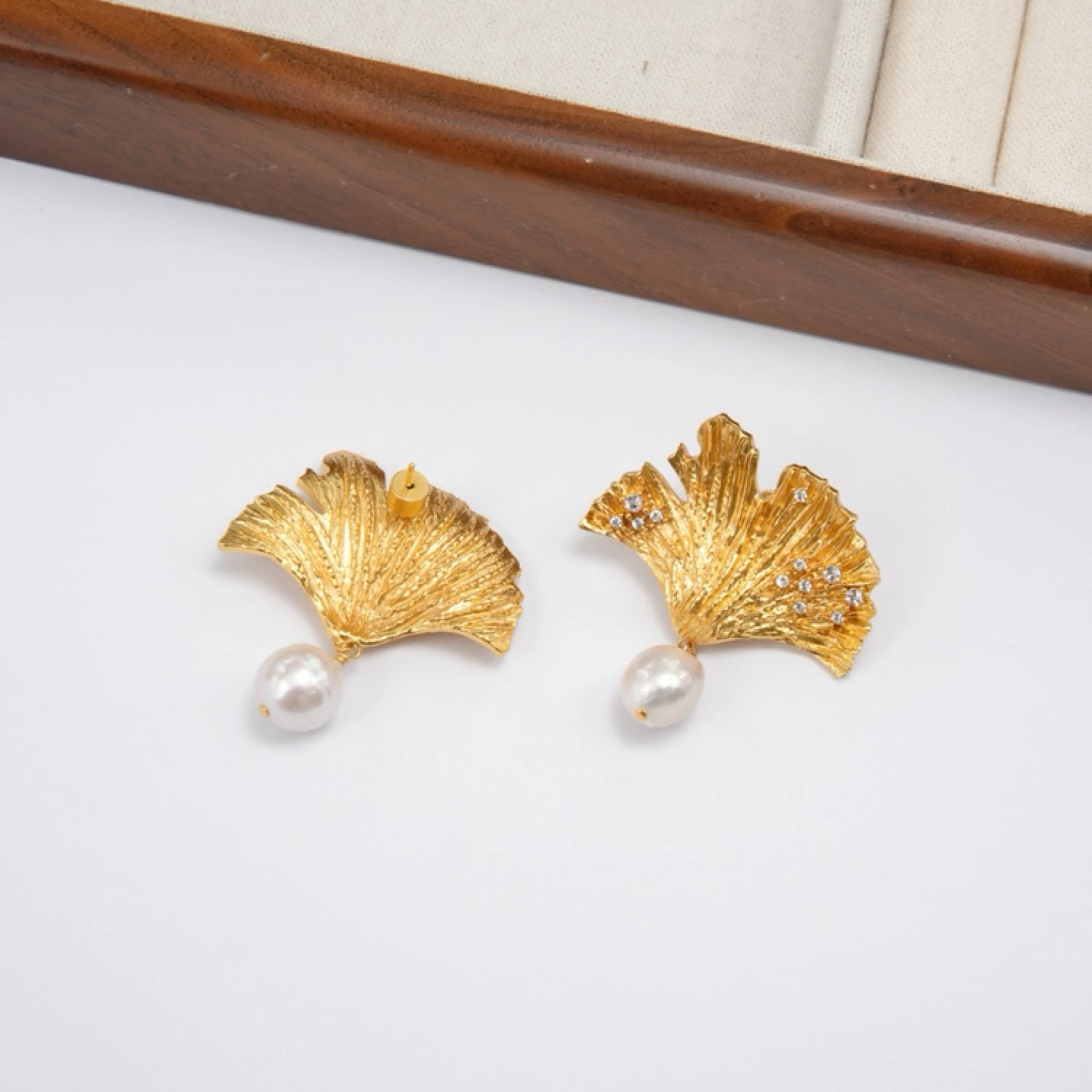 

YAJUNIEL 24K Real Gold Plated Brushed Ginkgo Leaf Dangle Earrings Natural Freshwater Pearl Drop for Women Hypoallergenic Jewelry