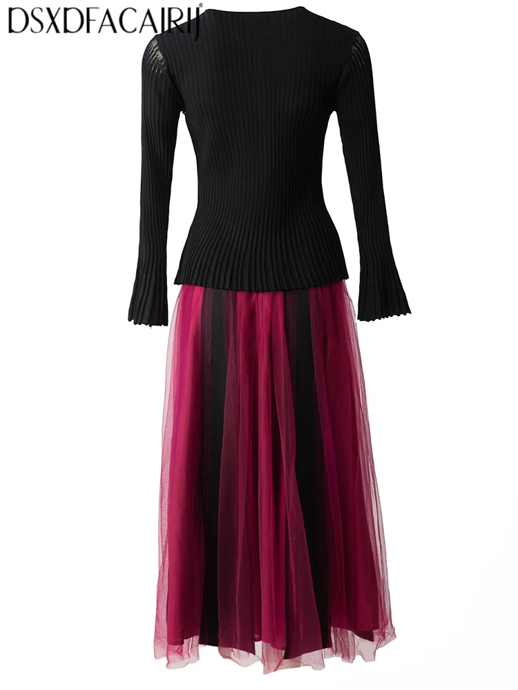 DSXDFACAIRIJ Women's V-Neck Flare Sleeves Single Breasted Elastic Waist Hotfix Rhinestone Spring Autumnal High Street 2-Piece
