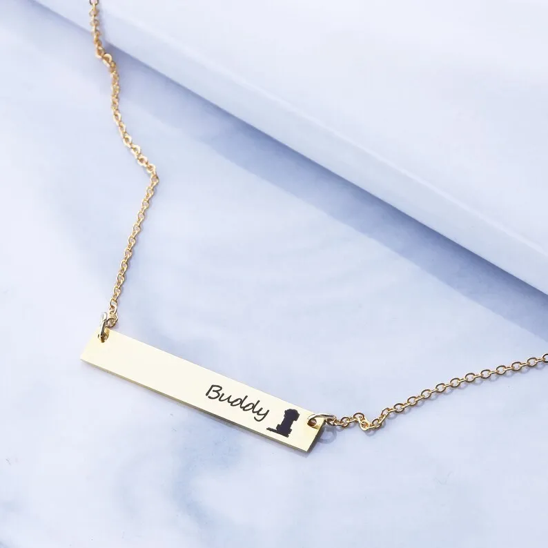 

Stainless Steel Personalized Laser Engraved Horizontal Bar Necklace Customized Pet Pattern Name Pendant Necklace Memorial Gift