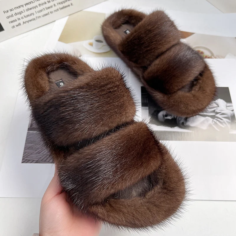 Winter Warm Slippers Mink Slippers Women Real Fur Slippers Outdoor Flat Female Fashion Ladies Designer Shoes For Women 2024