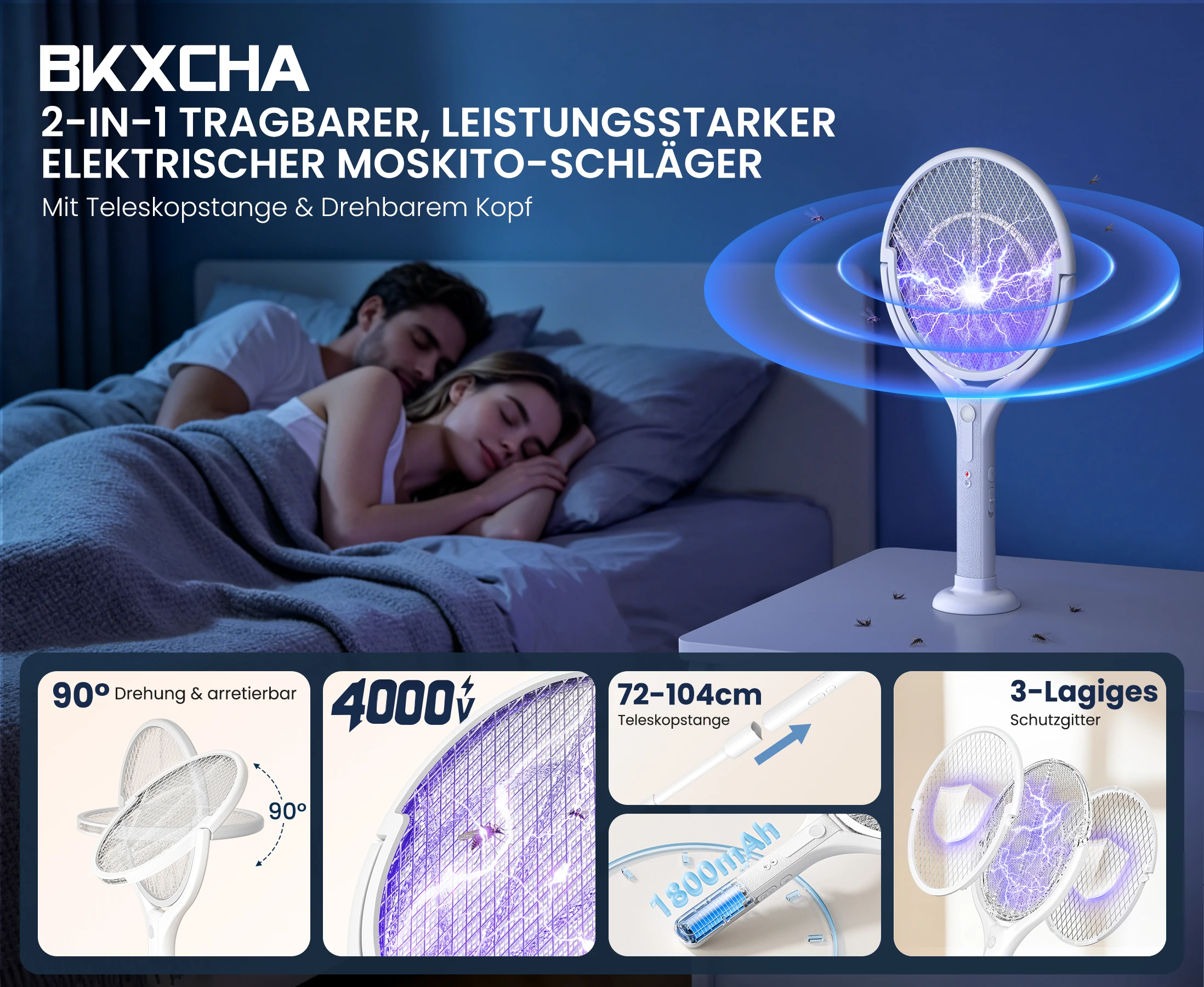 Fomyheard 4-in-1 Elektrische Mückenlampe: Faltbar und teleskopierbar (3000V), wiederaufladbarer Insektenvernichter mit UV-Lichtfalle, 1800mAh Akku, USB-C-Ladefunktion, für den Innen- und Außenbereich geeignet. – Detail 1