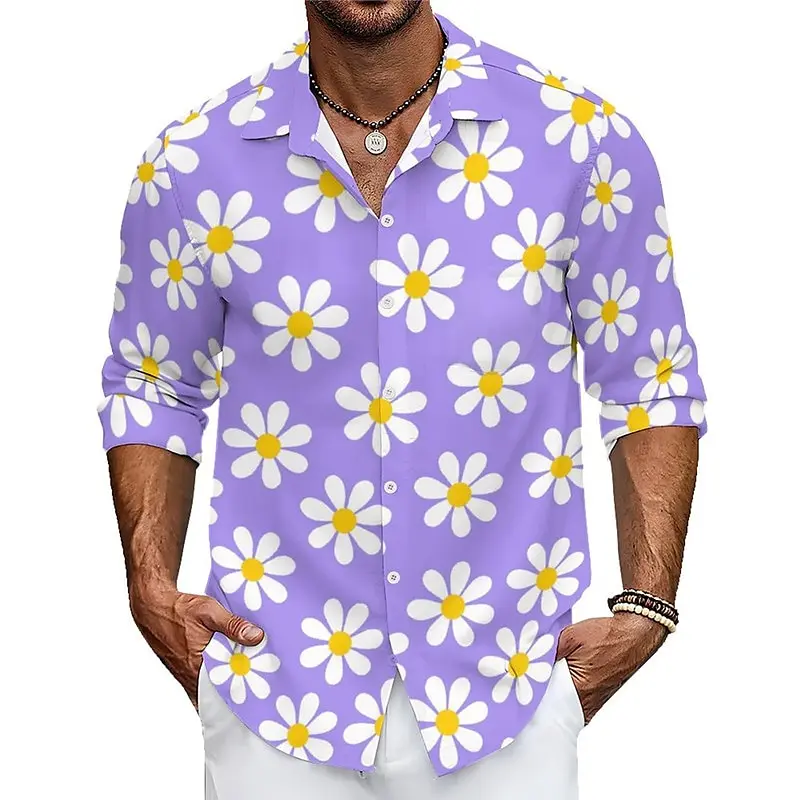 Floral Daisy Casual Men\'s Shirt Casual Wear Casual Spring and Summer Loose Long Sleeve Purple, Orange Stretch Fabric Shirt