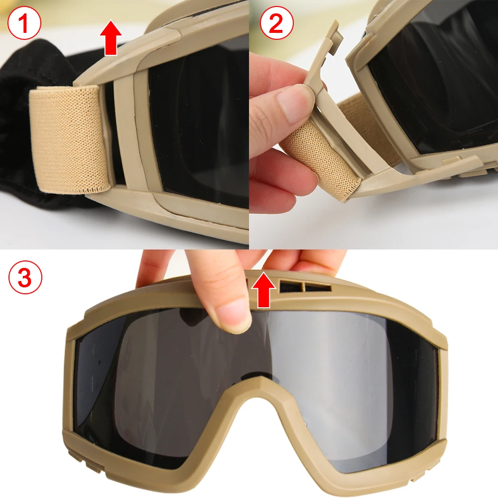 JSJM New Tactical Goggles 3 Lens Windproof Dustproof Safety Protection Motocross Motorcycle Mountaineering Glasses Men UV400