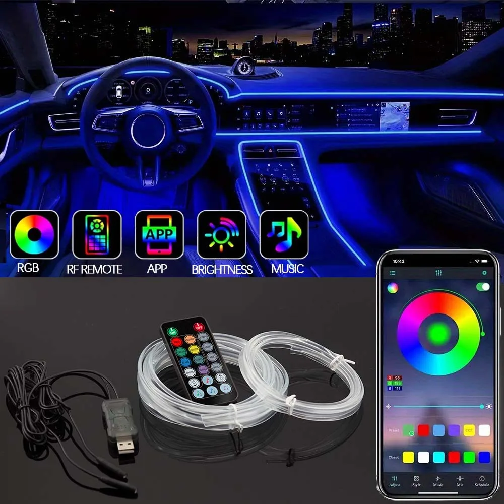 ضوء محيط 4M مع تطبيق لاسلكي للتحكم عن بعد، شريط إضاءة LED داخلي للسيارة، ملحقات إضاءة نيون داخلية للسيارة