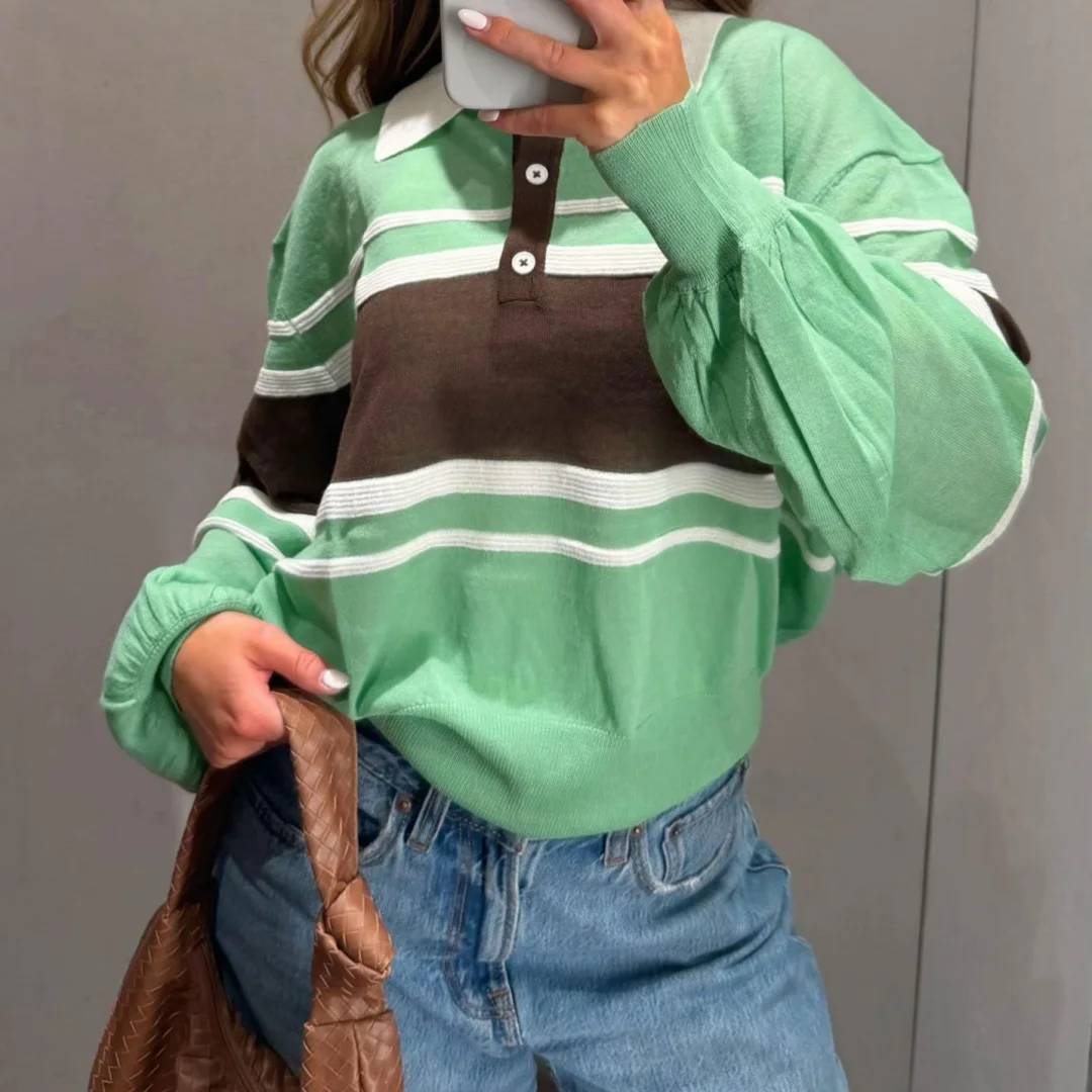 Womens Green Contrast Striped Knitted Sweater Polo Collar Button Up Loose Drop Shoulder Pullover Casual Retro Base Tops