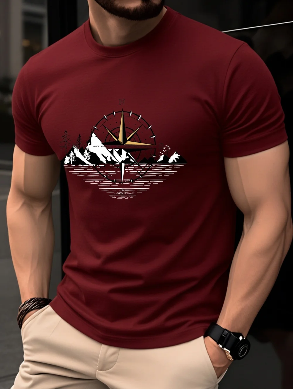 Men's Summer Short Sleeve T-Shirt Vintage Compass Pattern Design Fashionable Elegant Top Breathable Round Neck Men's Clothing