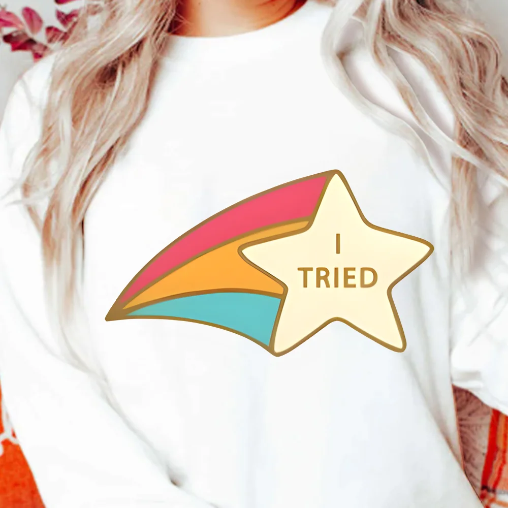 เสื้อสเวตเตอร์ Star Effort I TRIED Star Rainbow Graphic ลําลองหลวมแขนยาวฤดูใบไม้ร่วงส่งเสริมสไตล์น่ารักสบาย Top