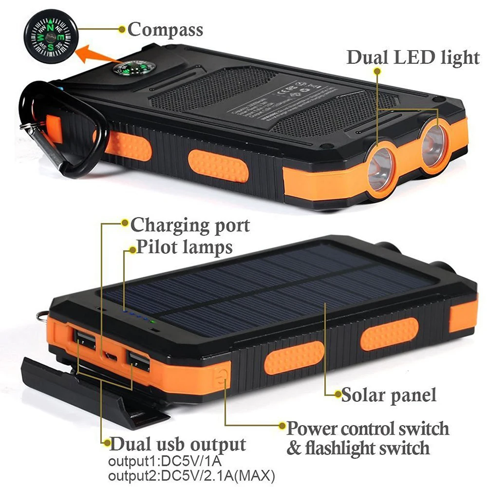 بنك الطاقة الشمسية المحمول 20000mAh شاحن الهاتف المحمول سعة كبيرة مع مصباح يدوي بنك الطاقة في حالات الطوارئ في الهواء الطلق للهواتف