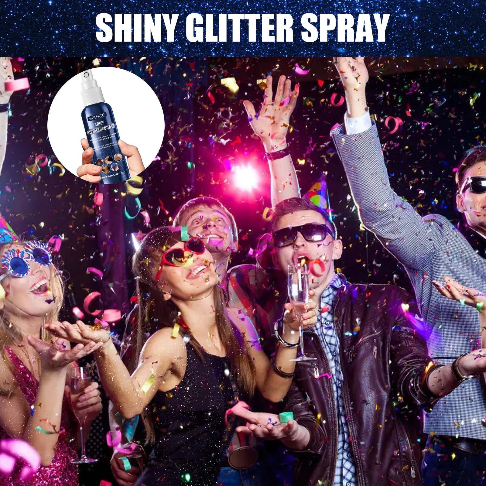 Eelhoe Glitzerspray, vollflächiger Körper, glitzernder Effekt, langanhaltender Glanz, Halloween, Nachtclub, Party, Make-up, Hautglitzerpulver, 60 ml