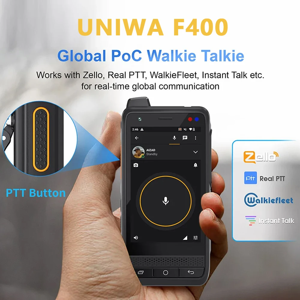 UNIWA F400 Zello POC Walkie Talkie Global 4G PDA resistente Android 15 4 pulgadas 4GB + 64GB 2,5 W altavoz grande 4350mAh PoC SOS botón NFC