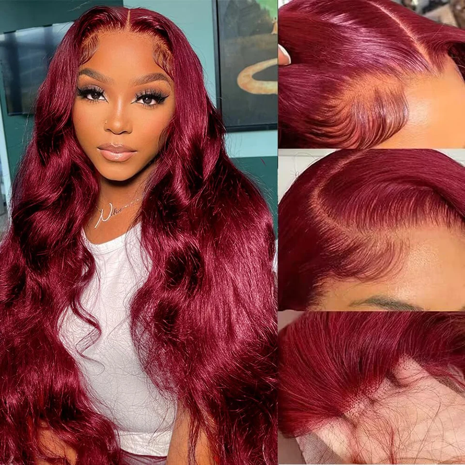 13x6 200 Density Lace Frontal wigs 99J Burgundy Human Hair Body Wave 30 40Inch 13x4 Lace Front Wig HD Transparent Wine For Women