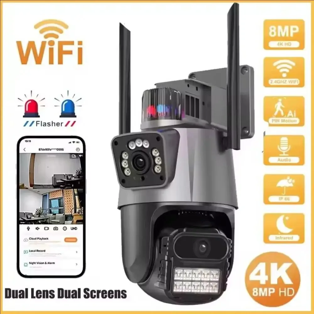 12MP 6K WiFi IP Camera Outdoor Three Lens Dual Screens 8X PTZ Zoom Video Auto Track Security Protection Surveillance