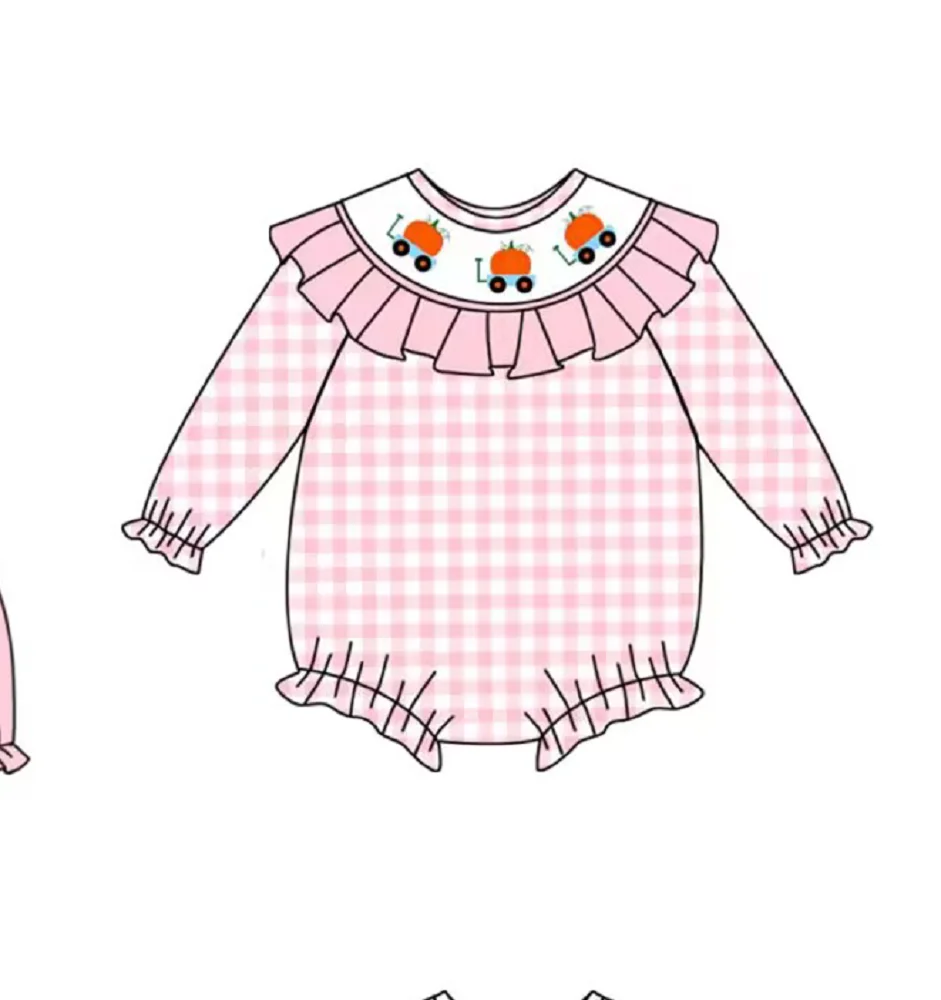 

Baby Girl Thanksgiving Pumpkin Print Round Neck Ruffle Decoration Long Sleeve Shorts Pink Boutique Jumpsuit