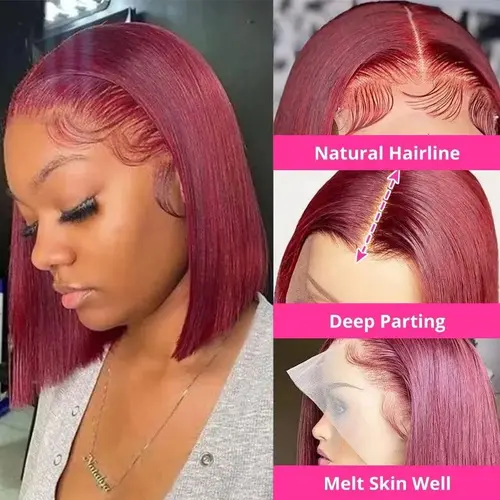 Imagen 2 del producto Peluca Bob 99J, peluca con malla frontal 13x4, cabello humano Remy, peluca Bob recta Borgoña prearrancada, peluca de cabello humano Bob corto para mujer