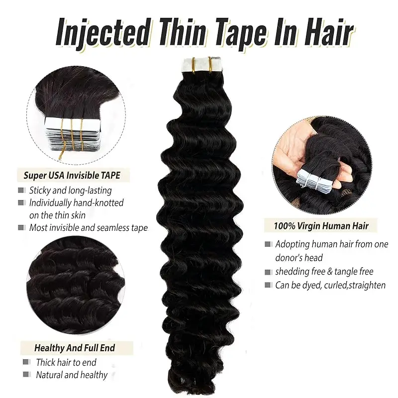 Deep Wave Tape In Human Hair Extensions 20 Pieces 100% Remy Humen Hair 16-26Inch Skin Weft Tape Ins Natural Black #1B