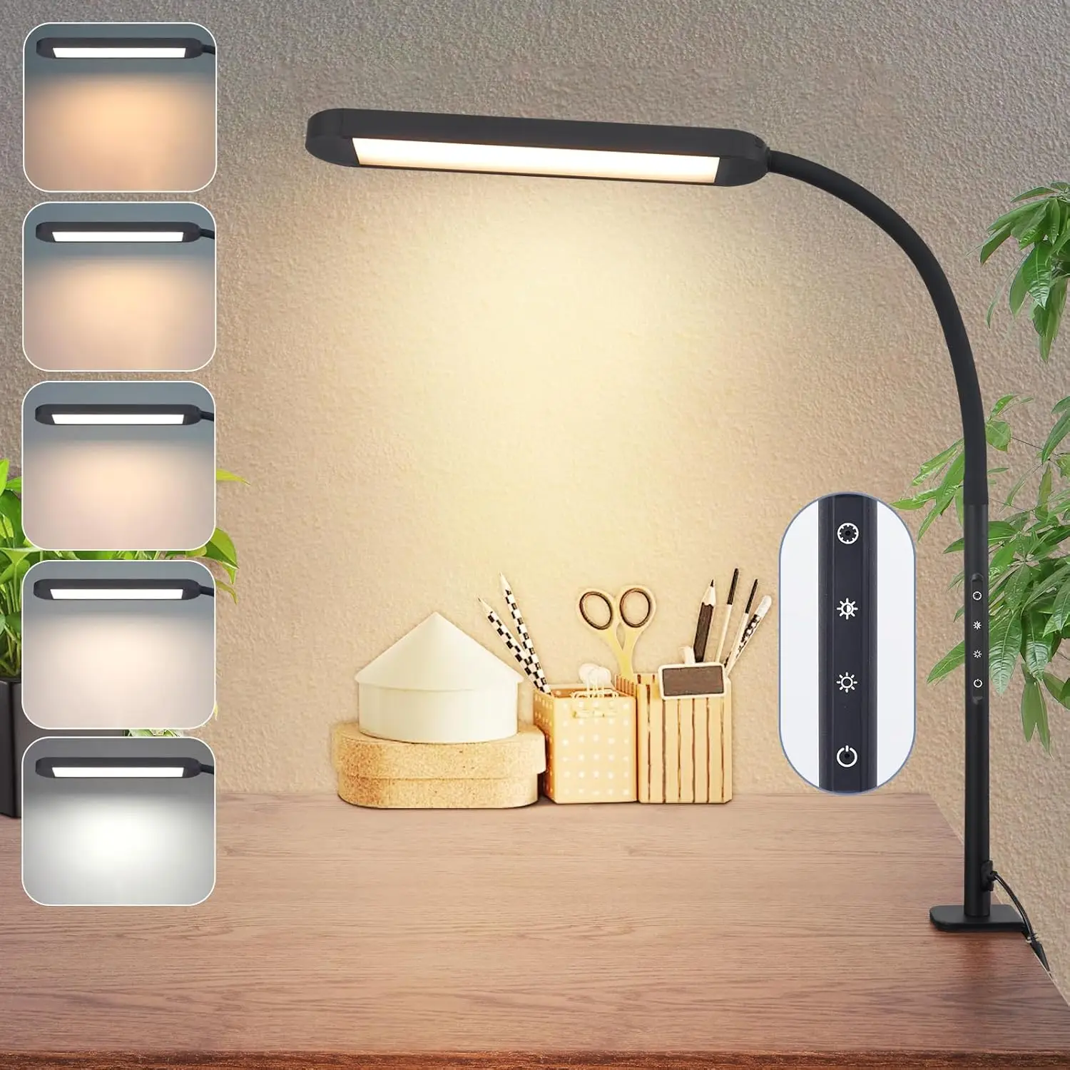 Schreibtischlampe LED Klemmbar - Dimmbar Schreibtischleuchte Schwarz 5 Farben und 5 Helligkeitsstufen 11W Tageslichtlampe Augenschutz Flexibel Schwanenhals Tischlampe für Büro Arbeitszimmer