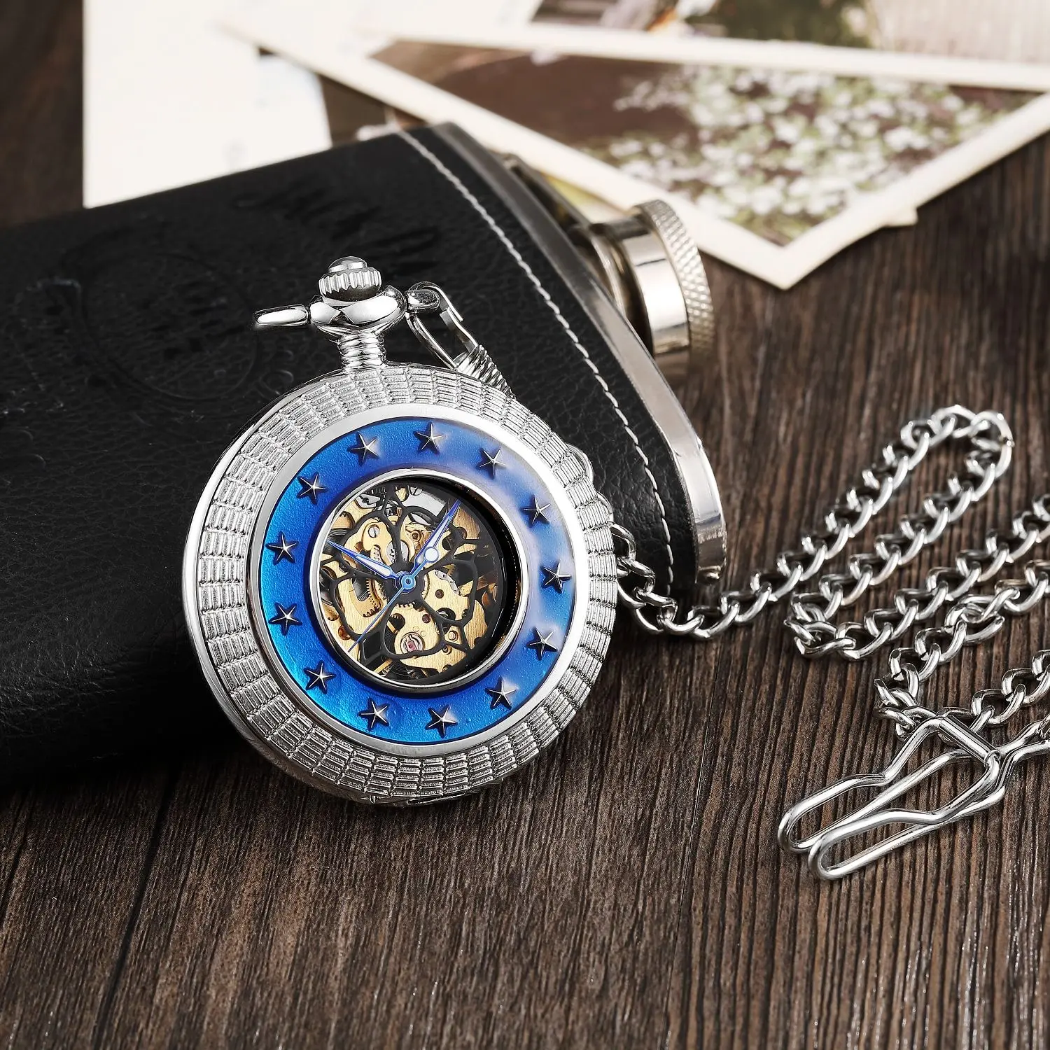 Retro Vintage Prata Azul Relógio De Bolso Mecânico Mão Vento Steampunk Colar Fob Relógio Cadeia Numerais Romanos Relógio Reloj Hombre