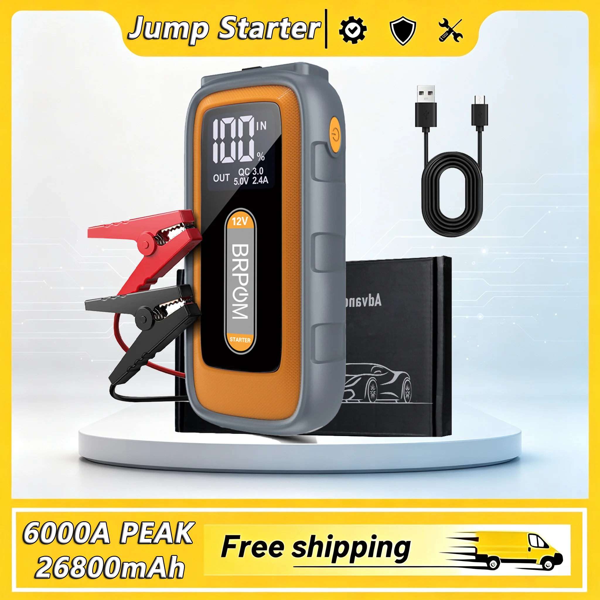 6000A PEAK Starthilfe für Autos, leistungsstarkes Gerät zum Starten von Autobatterien mit LCD-Bildschirm, 26800 mAh, tragbares Starthilfegerät, Autobatterieladegerät für 12-Volt-Autos, ermöglicht