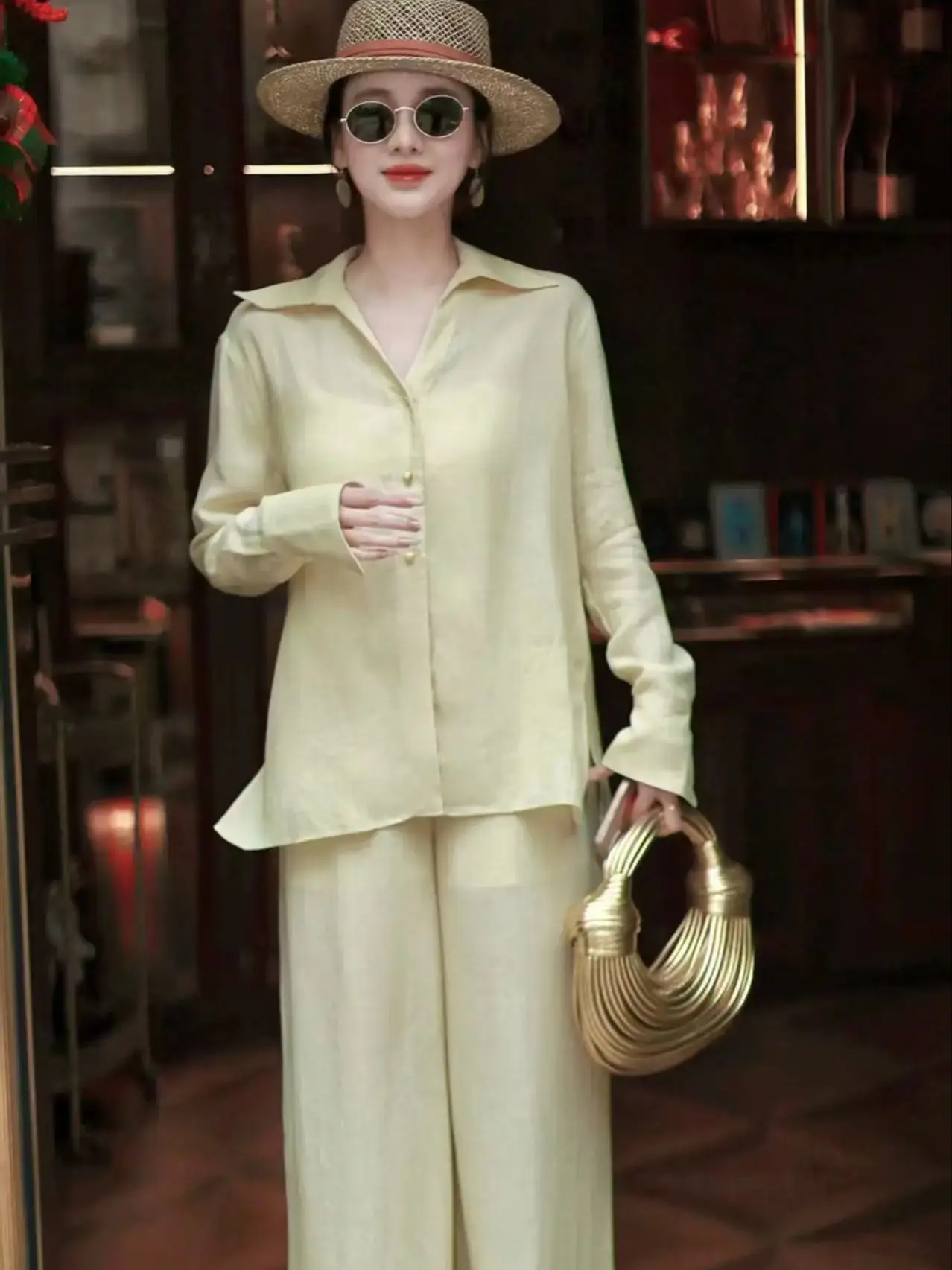 

Spring summer elegant solid color linen cotton blend pants suit