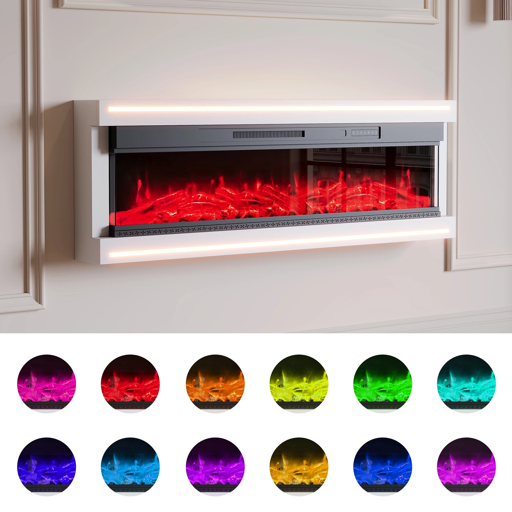 Anajqaqia 50/60 Zoll Hochglanz-Wand-Elektrokamin, realistische 12-Farben-LED-Flammen, 5-stufige Helligkeitseinstellung, TV-Schrank