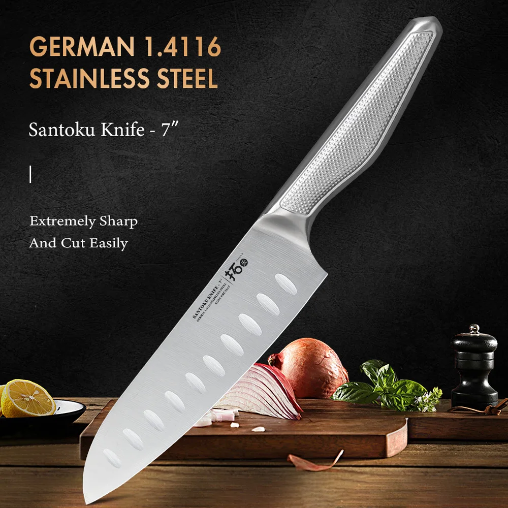 TURWHO 7 Inch Professional Japanese Santoku Knife High Carbon German 1.4116 Steel 304 Stainless Steel Handle Kitchen Chef Knives