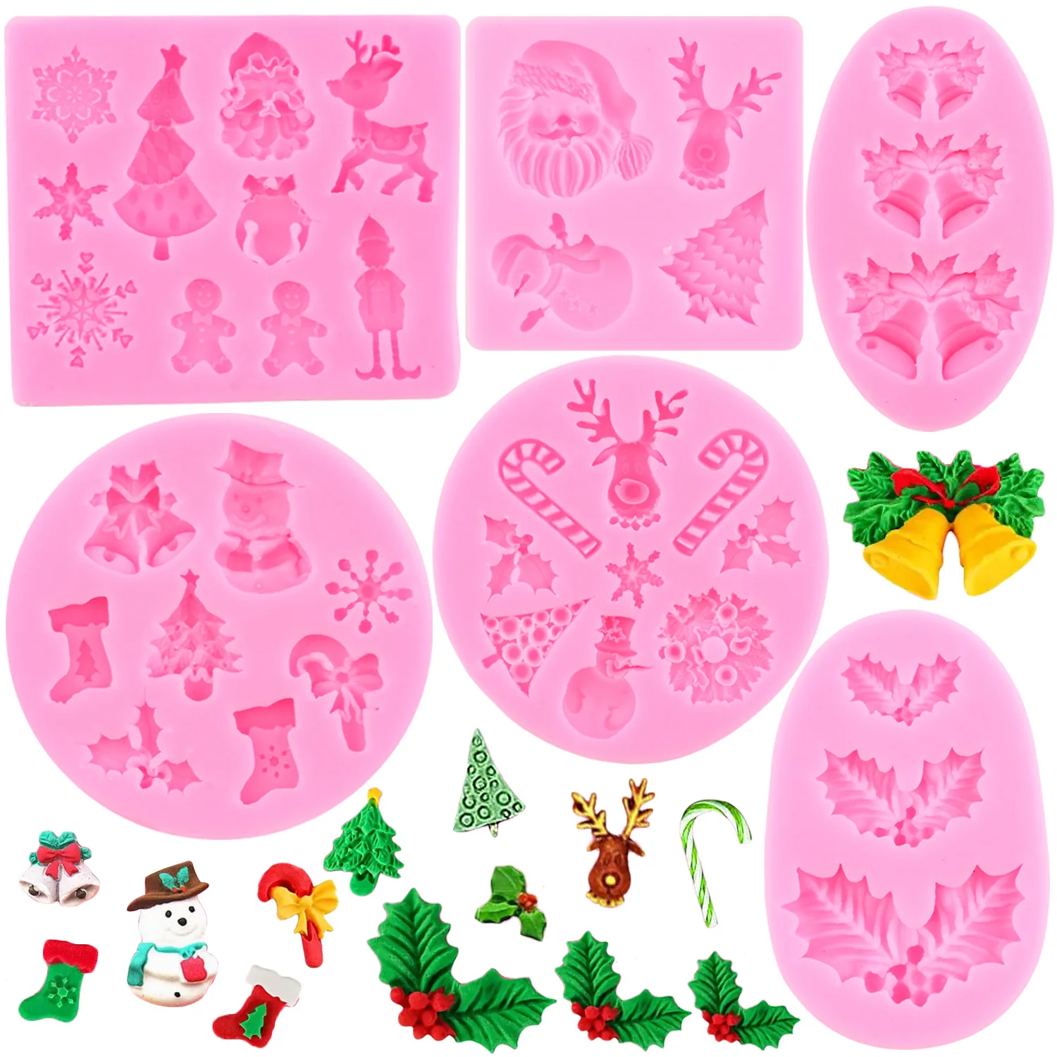 Christmas Bell Silicone Mold Holly Leaf Fondant Molds Cake Decorating Tools Santa Claus Deer Elk Chocolate Resin Candy Moulds