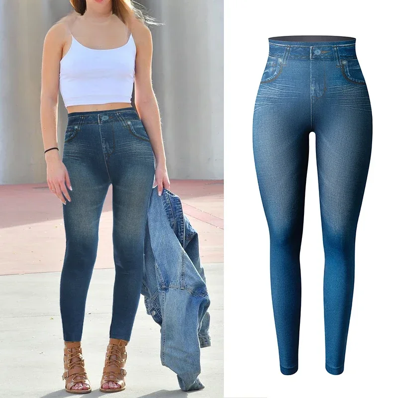 Damskie Jeggings Faux Denim Jeans Legginsy z wysokim stanem Tummy Control Slim Legginsy z nadrukiem Spodnie ołówkowe Bezszwowe spodnie skinny — zdjęcie 2