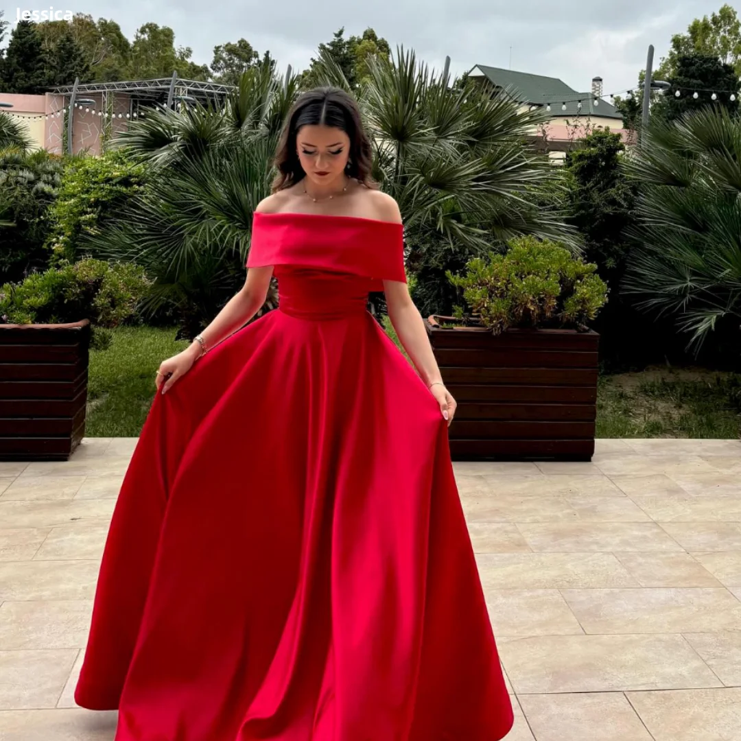 

Jessica Off-shoulder Satin Evening Dresses Red Special Occasion Prom Dresses A-Shape Wedding Party Dresses Customized