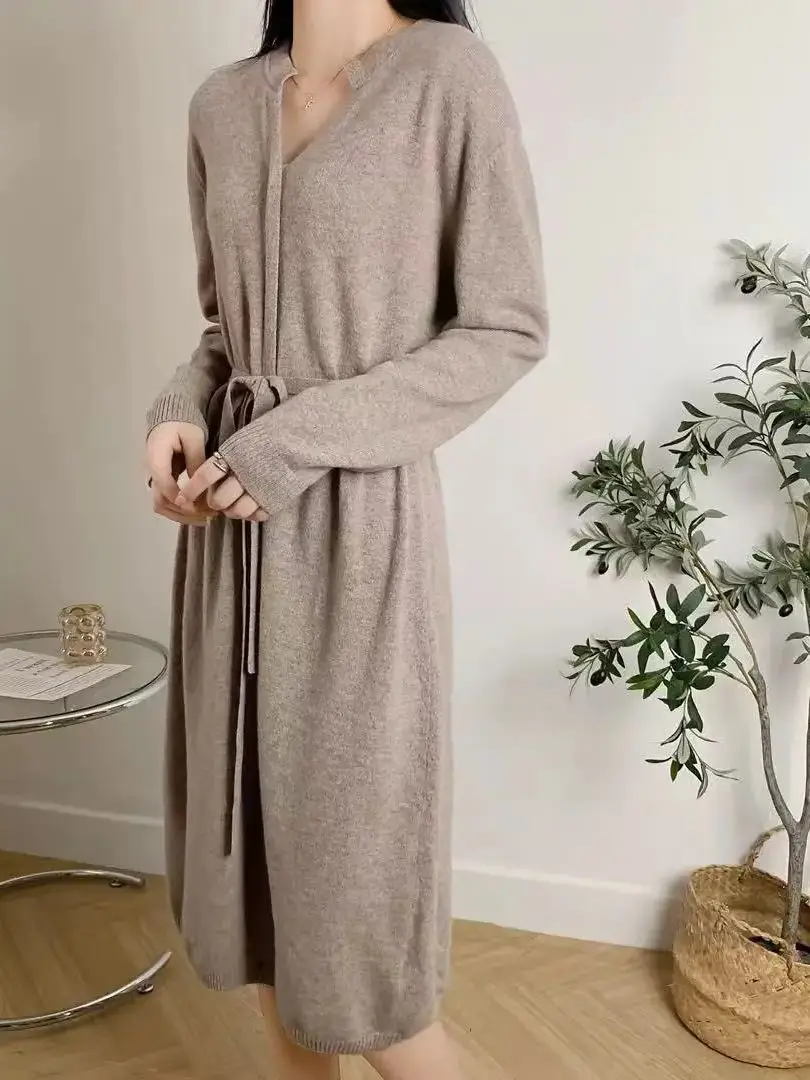 فستان أنيق كاجوال من صوف ميرينو بأكمام طويلة مع حزام #5