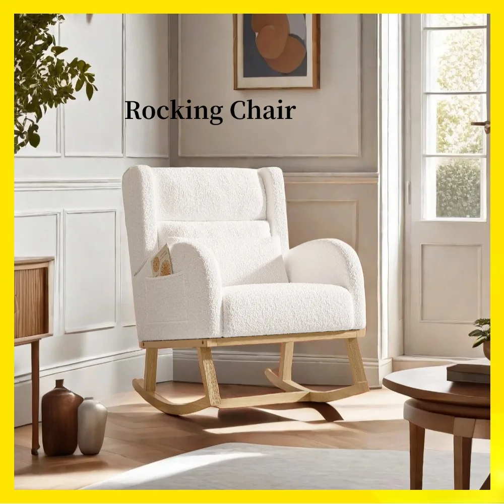 White lamb wool rocking chair with lumbar support,wing back decoration with armrests and side pockets,modern casual single sofa