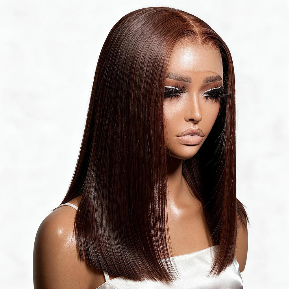 Parrucca Bob Corto Liscio Glueless Ready to Wear #4 Chocolate Brown 13x4 Pizzo Frontale 100% Capelli Umani Spedizione da Magazzino FR per Donne Nere
