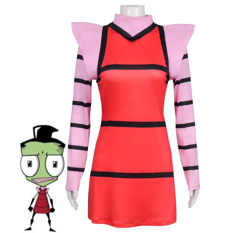 

Anime Adult Human Disguise Invader Zim Fancy Dress up Costume Striped Red Dress Planet Irken Zim Women Halloween Costume