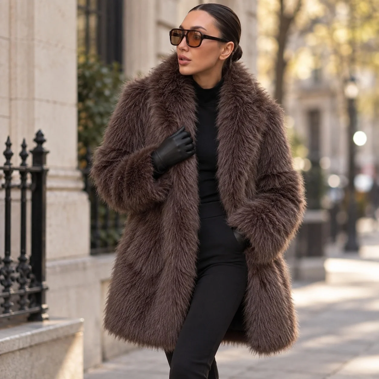Pocket No Hood Mid Length Coat with Regular Sleeve Long Sleeve European and American Style Streetwear Women Winter Jacket