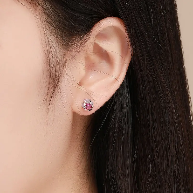 BAMOER U Romantic 925 Sterling Silver Luminous Tulip Flower Buds Pink CZ Zircon Stud Earrings Women Wedding Jewelry Gift BSE042